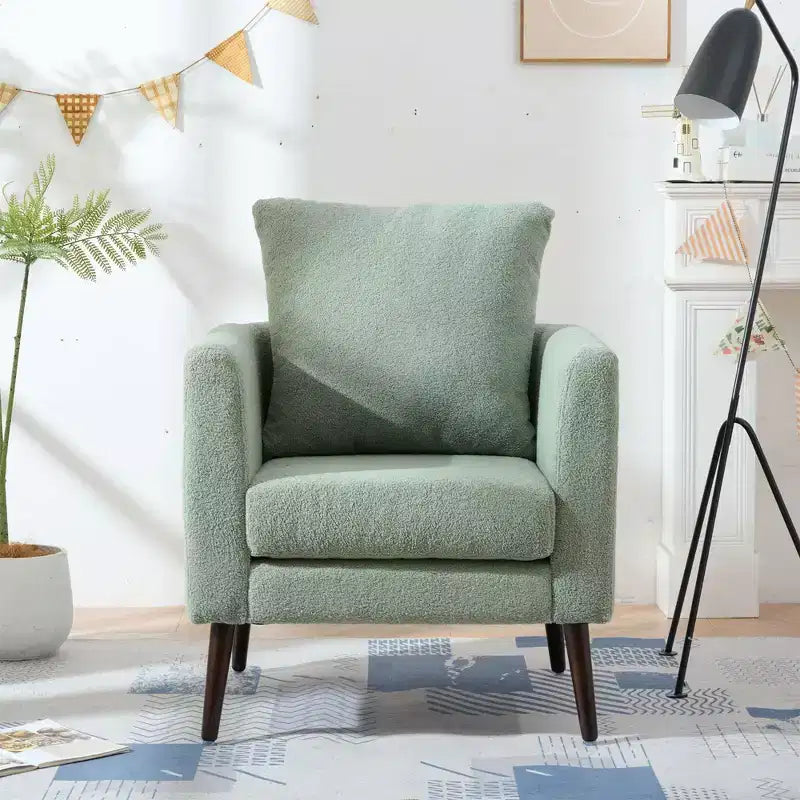 Fauteuil d'appoint en tissu Okak, chaise de lecture pour salon avec revêtement doux et oreiller, fauteuil avec pieds en bois massif pour salon ou chambre à coucher.