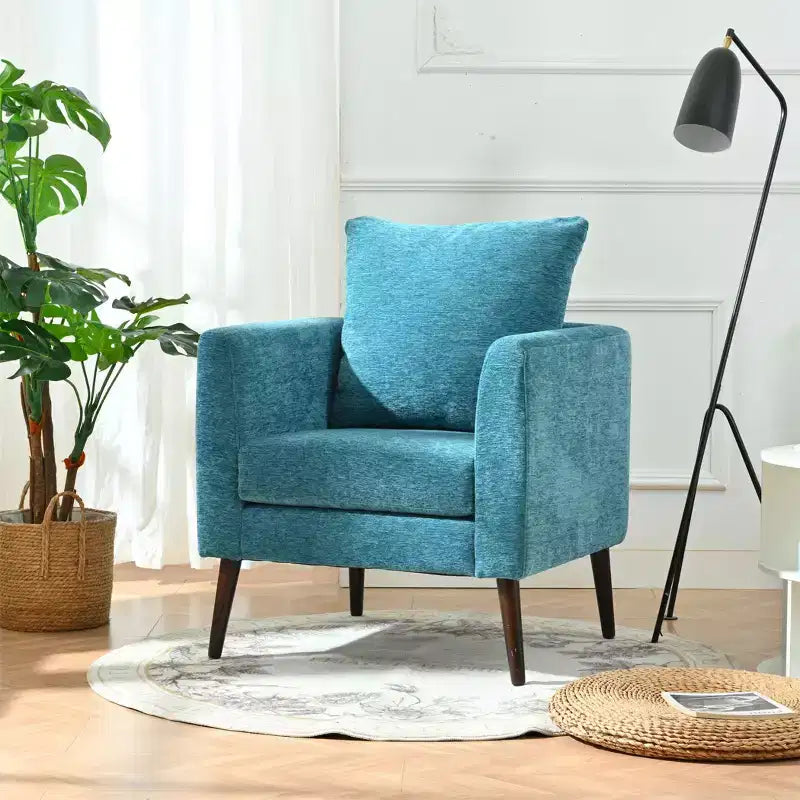 Fauteuil d'appoint en tissu Okak, chaise de lecture pour salon avec revêtement doux et oreiller, fauteuil avec pieds en bois massif pour salon ou chambre à coucher.
