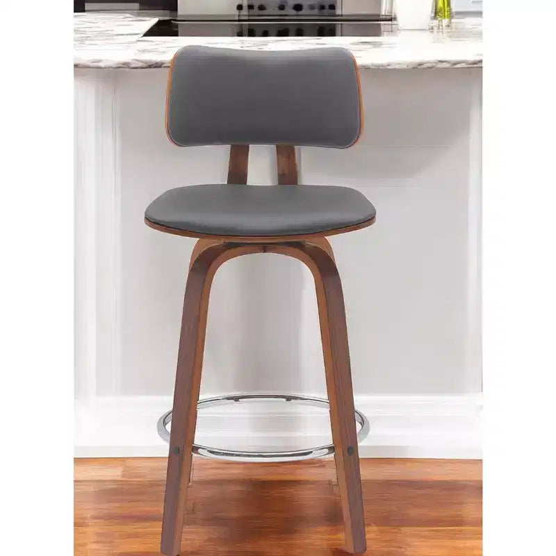 Chaise de bar pivotante à dossier bas en similicuir gris et bois marron HomeRoots 26, hauteur comptoir