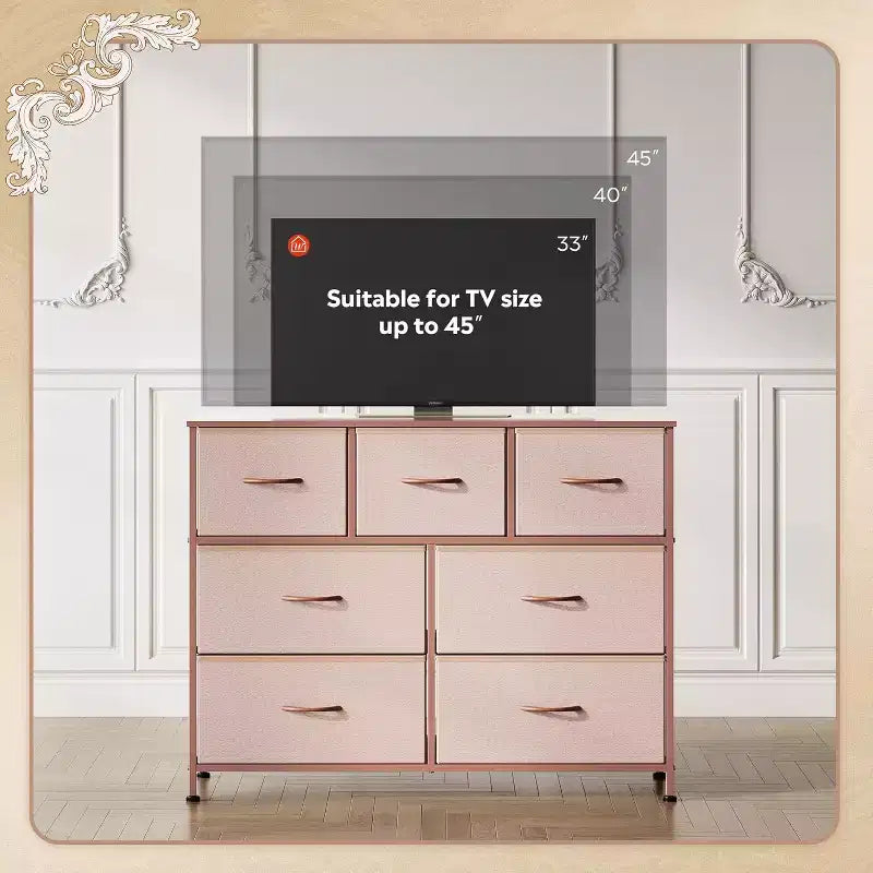 Meuble TV GALAXHERO avec 7 tiroirs, meuble console multimédia pour chambre, salon, entrée, cadre en acier et plateau en bois, compatible TV 45 pouces