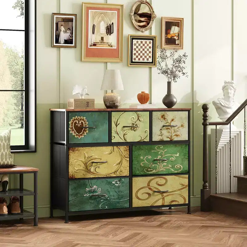 Meuble TV GALAXHERO avec 7 tiroirs, meuble console multimédia pour chambre, salon, entrée, cadre en acier et plateau en bois, compatible TV 45 pouces