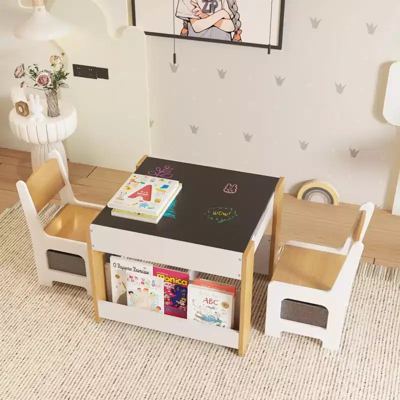 Ensemble table et chaises pour enfants, table d'activités en bois 4 en 1 et 2 chaises avec tiroir de rangement, plateau amovible pour le dessin, la lecture et les activités créatives des tout-petits et des enfants