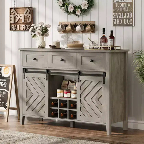 Buffet de 53,5'' avec rangement, buffet rustique en bois de 36'' de hauteur avec 3 tiroirs, porte-bouteilles réversible et étagère réglable
