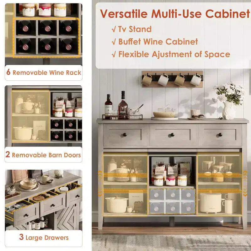 Buffet de 53,5'' avec rangement, buffet rustique en bois de 36'' de hauteur avec 3 tiroirs, porte-bouteilles réversible et étagère réglable
