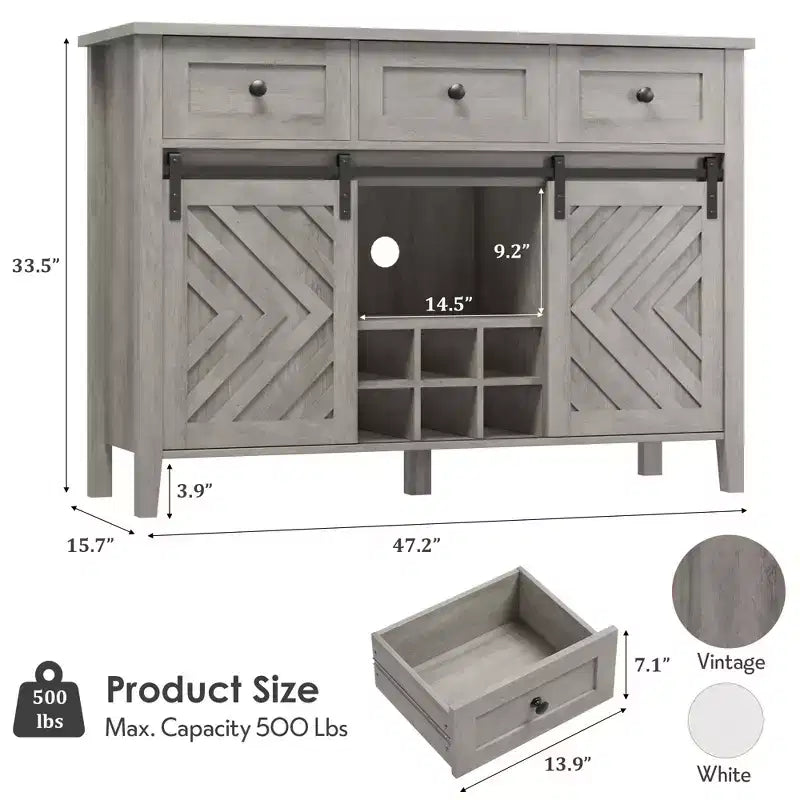 Buffet de 53,5'' avec rangement, buffet rustique en bois de 36'' de hauteur avec 3 tiroirs, porte-bouteilles réversible et étagère réglable