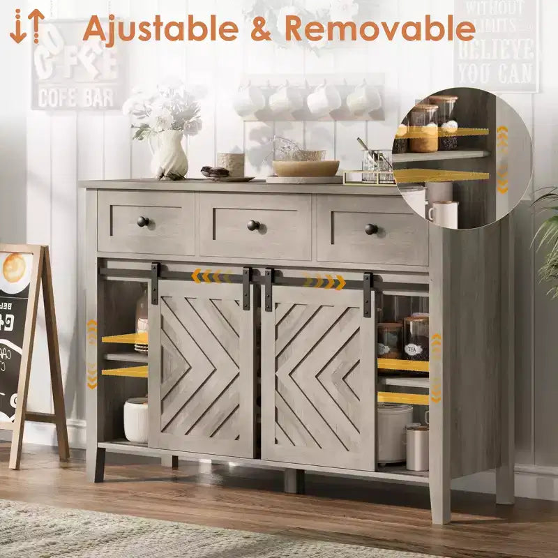 Buffet de 53,5'' avec rangement, buffet rustique en bois de 36'' de hauteur avec 3 tiroirs, porte-bouteilles réversible et étagère réglable