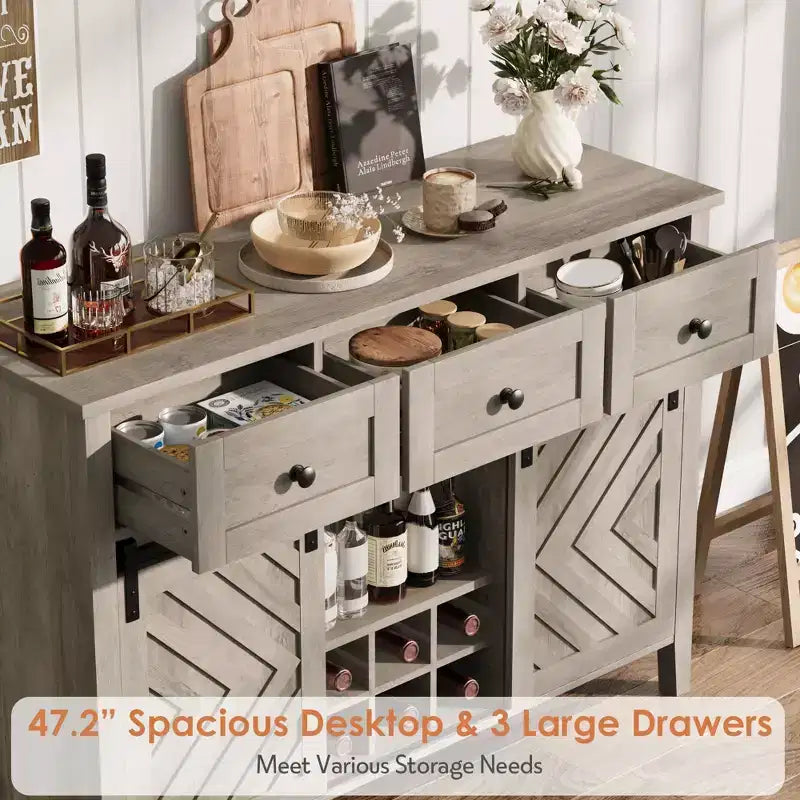 Buffet de 53,5'' avec rangement, buffet rustique en bois de 36'' de hauteur avec 3 tiroirs, porte-bouteilles réversible et étagère réglable