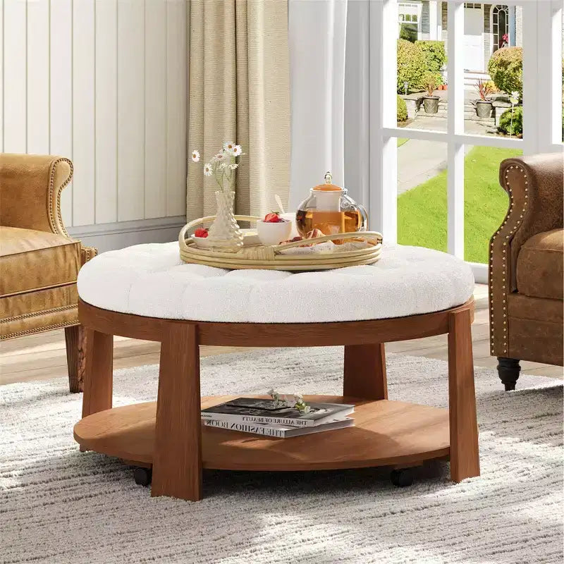 Okak Table basse relevable à 2 niveaux avec rangement et 3 poufs, tables basses de style Mid-Century pour petit salon