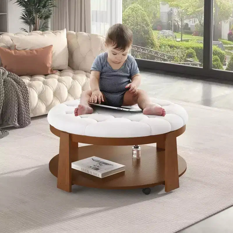 Okak Table basse relevable à 2 niveaux avec rangement et 3 poufs, tables basses de style Mid-Century pour petit salon