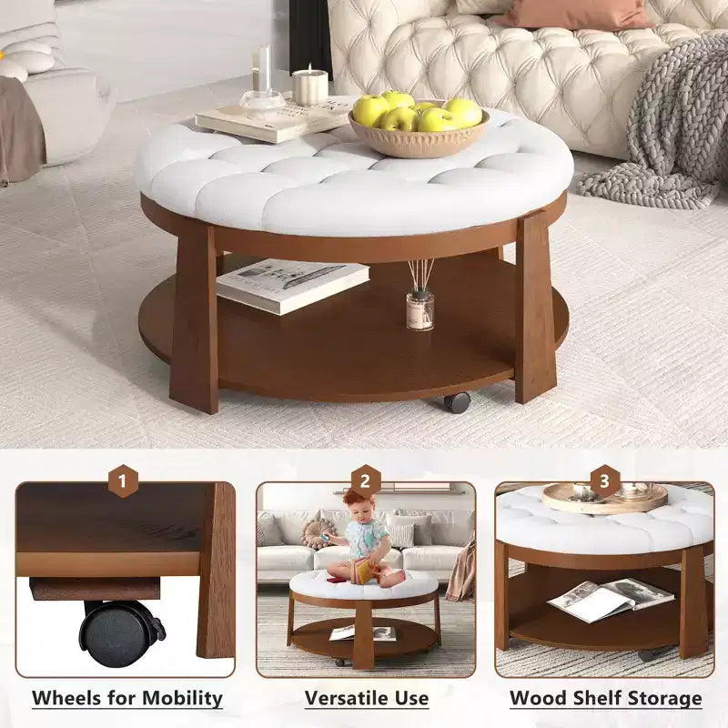Okak Table basse relevable à 2 niveaux avec rangement et 3 poufs, tables basses de style Mid-Century pour petit salon