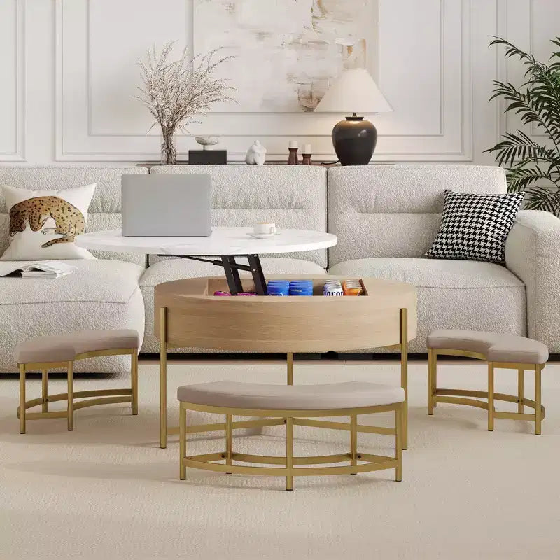 Okak Table basse relevable à 2 niveaux avec rangement et 3 poufs, tables basses de style Mid-Century pour petit salon