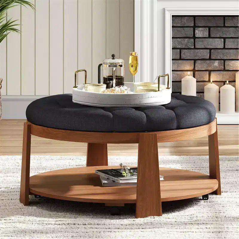 Okak Table basse relevable à 2 niveaux avec rangement et 3 poufs, tables basses de style Mid-Century pour petit salon
