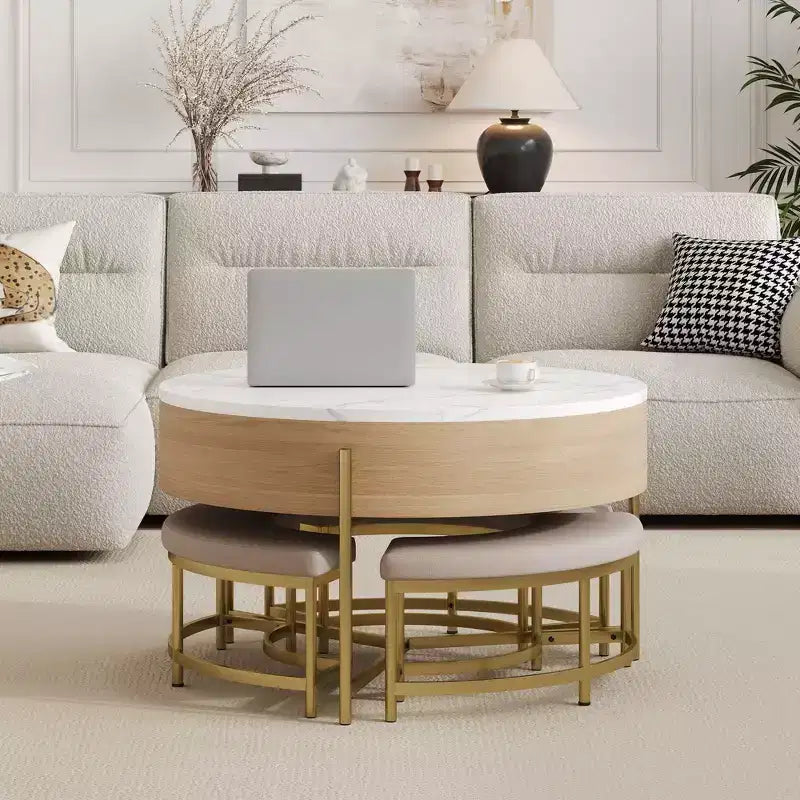 Okak Table basse relevable à 2 niveaux avec rangement et 3 poufs, tables basses de style Mid-Century pour petit salon