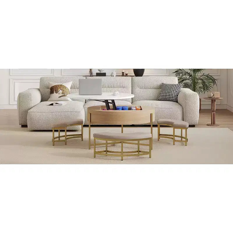 Okak Table basse relevable à 2 niveaux avec rangement et 3 poufs, tables basses de style Mid-Century pour petit salon