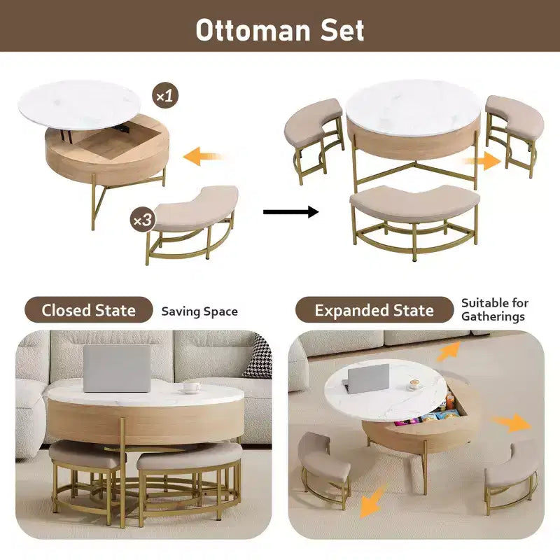 Okak Table basse relevable à 2 niveaux avec rangement et 3 poufs, tables basses de style Mid-Century pour petit salon