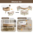 Okak Table basse relevable à 2 niveaux avec rangement et 3 poufs, tables basses de style Mid-Century pour petit salon