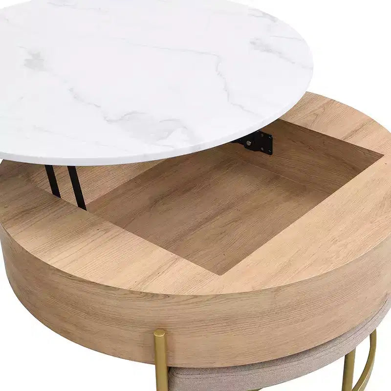 Okak Table basse relevable à 2 niveaux avec rangement et 3 poufs, tables basses de style Mid-Century pour petit salon