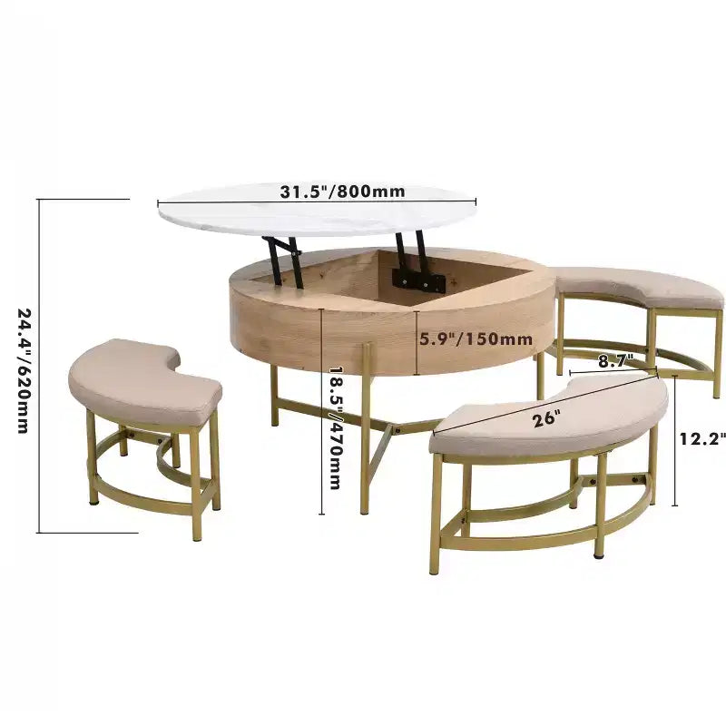 Okak Table basse relevable à 2 niveaux avec rangement et 3 poufs, tables basses de style Mid-Century pour petit salon