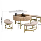 Okak Table basse relevable à 2 niveaux avec rangement et 3 poufs, tables basses de style Mid-Century pour petit salon