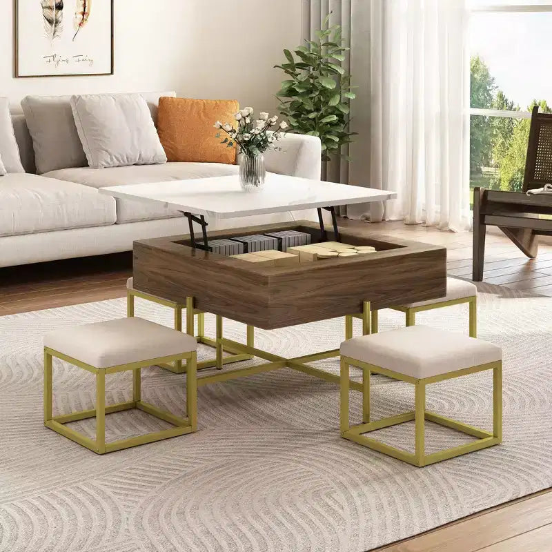 Okak Table basse relevable à 2 niveaux avec rangement et 3 poufs, tables basses de style Mid-Century pour petit salon