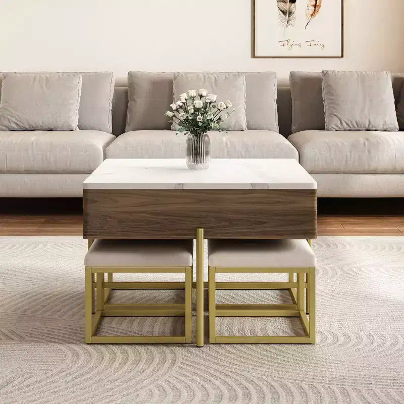 Okak Table basse relevable à 2 niveaux avec rangement et 3 poufs, tables basses de style Mid-Century pour petit salon