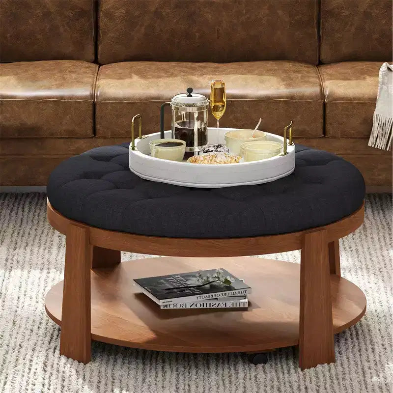 Okak Table basse relevable à 2 niveaux avec rangement et 3 poufs, tables basses de style Mid-Century pour petit salon