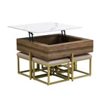 Okak Table basse relevable à 2 niveaux avec rangement et 3 poufs, tables basses de style Mid-Century pour petit salon