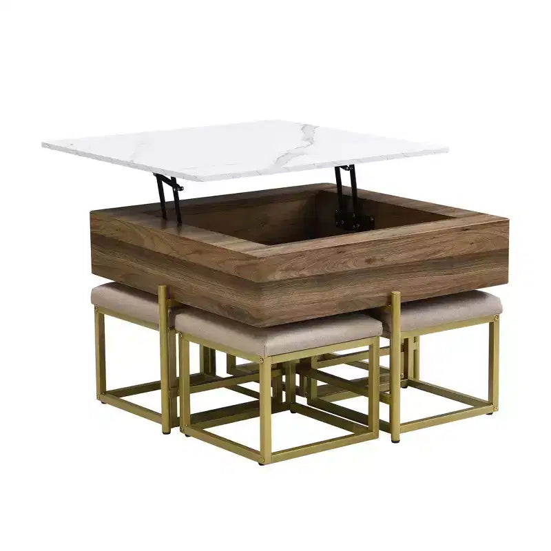 Okak Table basse relevable à 2 niveaux avec rangement et 3 poufs, tables basses de style Mid-Century pour petit salon