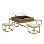 Okak Table basse relevable à 2 niveaux avec rangement et 3 poufs, tables basses de style Mid-Century pour petit salon
