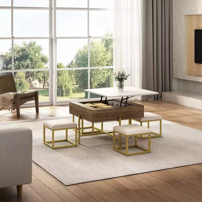 Okak Table basse relevable à 2 niveaux avec rangement et 3 poufs, tables basses de style Mid-Century pour petit salon