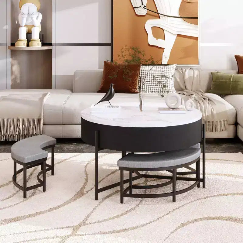 Okak Table basse relevable à 2 niveaux avec rangement et 3 poufs, tables basses de style Mid-Century pour petit salon