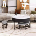 Okak Table basse relevable à 2 niveaux avec rangement et 3 poufs, tables basses de style Mid-Century pour petit salon