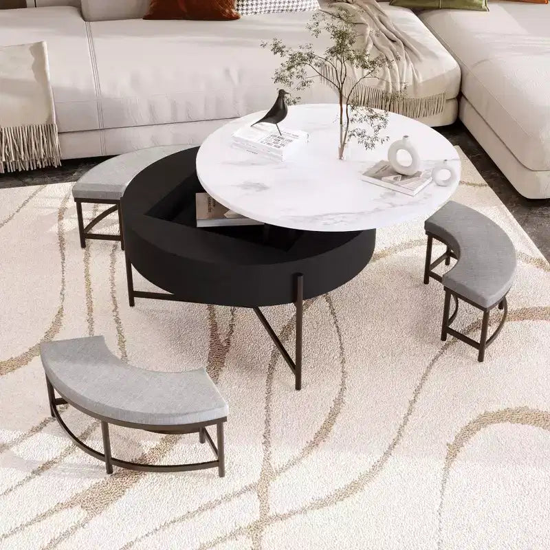 Okak Table basse relevable à 2 niveaux avec rangement et 3 poufs, tables basses de style Mid-Century pour petit salon