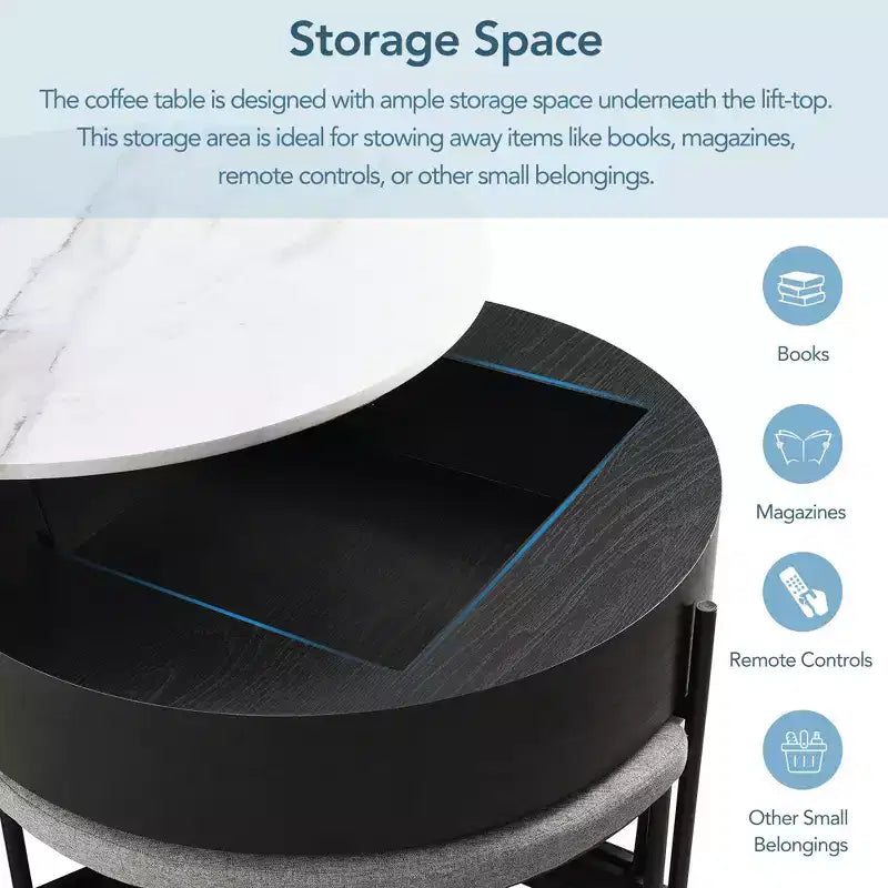 Okak Table basse relevable à 2 niveaux avec rangement et 3 poufs, tables basses de style Mid-Century pour petit salon