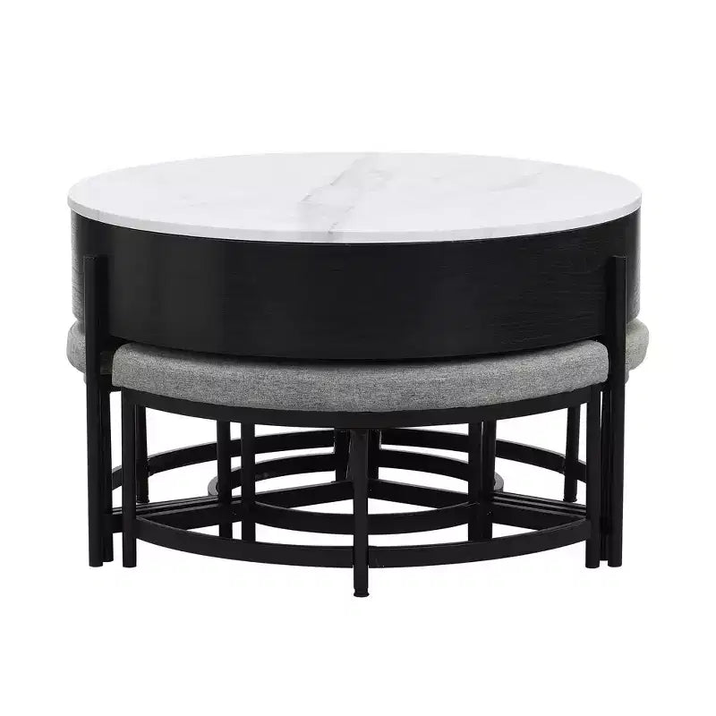 Okak Table basse relevable à 2 niveaux avec rangement et 3 poufs, tables basses de style Mid-Century pour petit salon