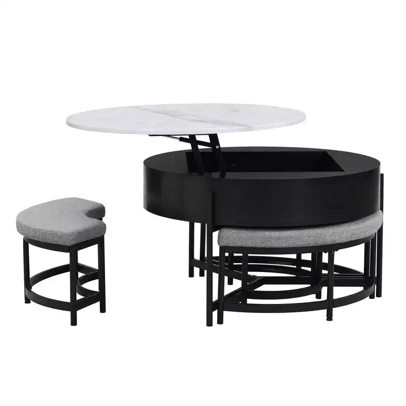 Okak Table basse relevable à 2 niveaux avec rangement et 3 poufs, tables basses de style Mid-Century pour petit salon