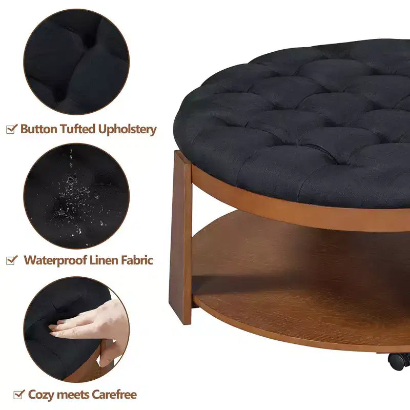 Okak Table basse relevable à 2 niveaux avec rangement et 3 poufs, tables basses de style Mid-Century pour petit salon