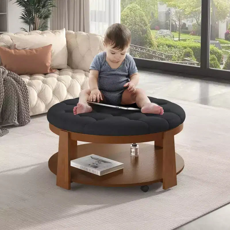 Okak Table basse relevable à 2 niveaux avec rangement et 3 poufs, tables basses de style Mid-Century pour petit salon