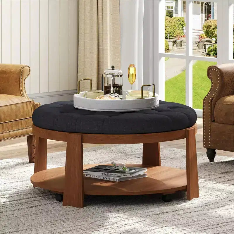 Okak Table basse relevable à 2 niveaux avec rangement et 3 poufs, tables basses de style Mid-Century pour petit salon