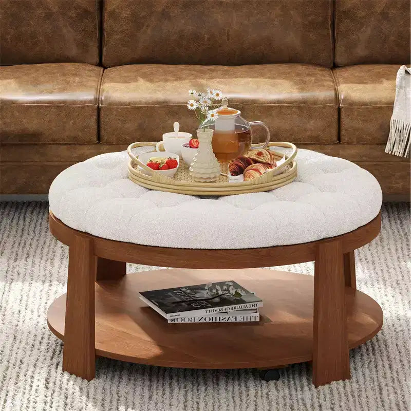 Okak Table basse relevable à 2 niveaux avec rangement et 3 poufs, tables basses de style Mid-Century pour petit salon
