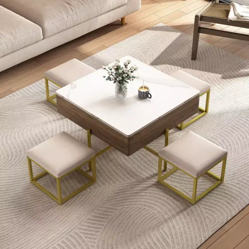 Okak Table basse relevable à 2 niveaux avec rangement et 3 poufs, tables basses de style Mid-Century pour petit salon