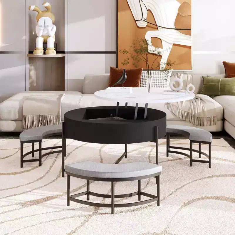 Okak Table basse relevable à 2 niveaux avec rangement et 3 poufs, tables basses de style Mid-Century pour petit salon
