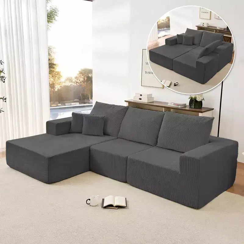Mjkone Canapé sectionnel en velours côtelé 108" avec méridienne, canapé modulaire en nuage à 3 pièces combinables, canapé en L