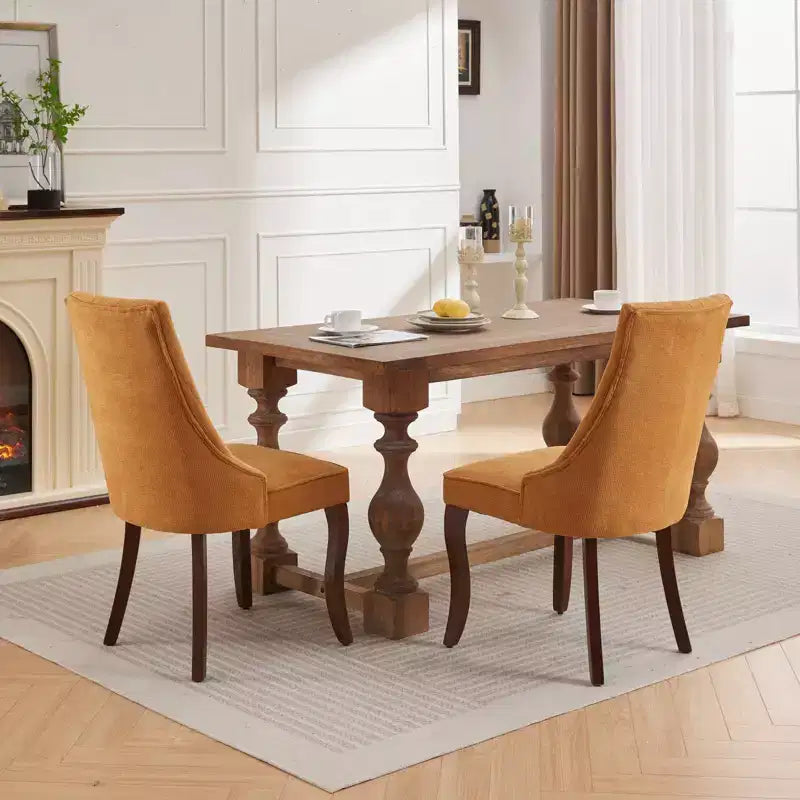 Okak Lot de 2 chaises de salle à manger en lin floqué, chaises de cuisine modernes avec revêtement en tissu confortable, chaises d'appoint avec pieds incurvés en bois massif