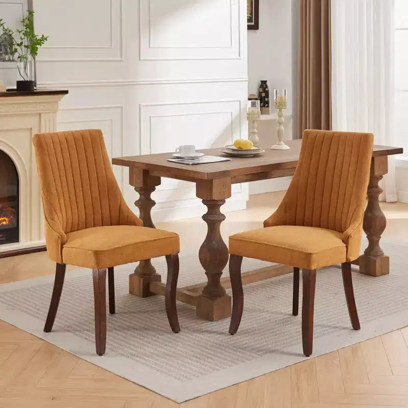 Okak Lot de 2 chaises de salle à manger en lin floqué, chaises de cuisine modernes avec revêtement en tissu confortable, chaises d'appoint avec pieds incurvés en bois massif