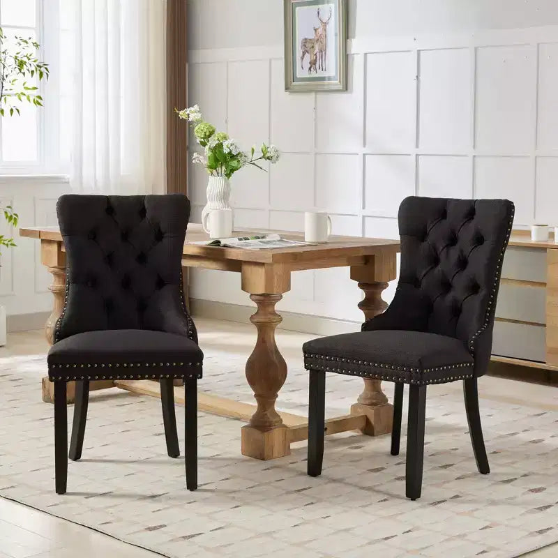 Okak Chaises de salle à manger modernes en lin, lot de 2, chaises en tissu confortables avec capitonnage haut de gamme, chaises d'appoint de cuisine avec pieds en bois massif et clous de tapissier