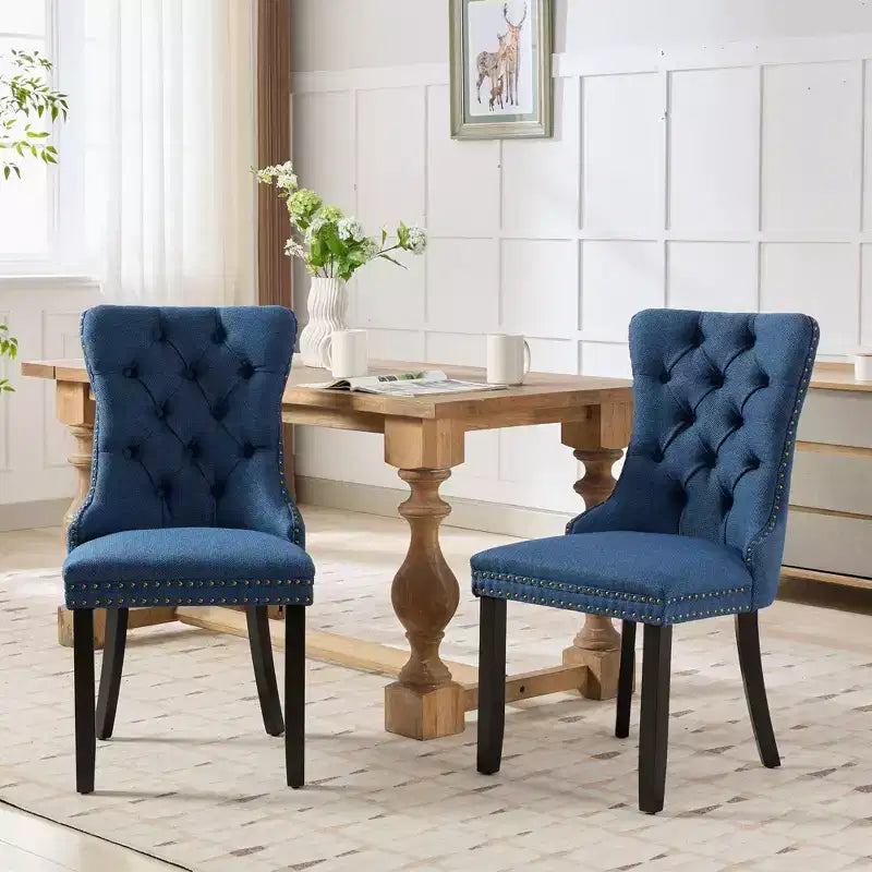 Okak Chaises de salle à manger modernes en lin, lot de 2, chaises en tissu confortables avec capitonnage haut de gamme, chaises d'appoint de cuisine avec pieds en bois massif et clous de tapissier