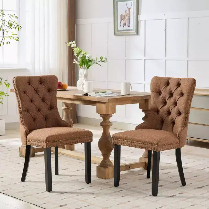 Okak Chaises de salle à manger modernes en lin, lot de 2, chaises en tissu confortables avec capitonnage haut de gamme, chaises d'appoint de cuisine avec pieds en bois massif et clous de tapissier