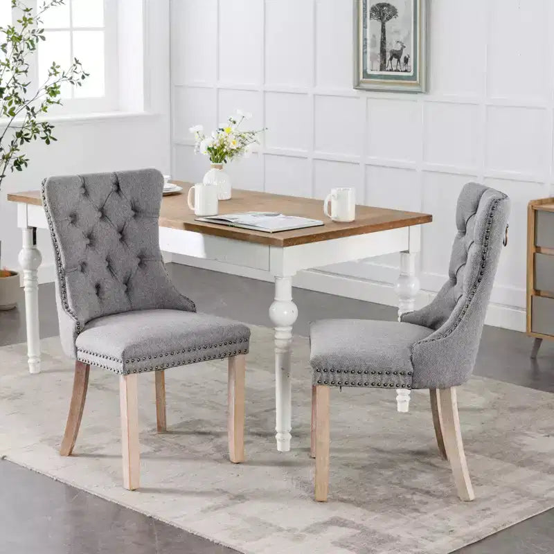 Okak Chaises de salle à manger modernes en lin, lot de 2, chaises en tissu confortables avec capitonnage haut de gamme, chaises d'appoint de cuisine avec pieds en bois massif et clous de tapissier