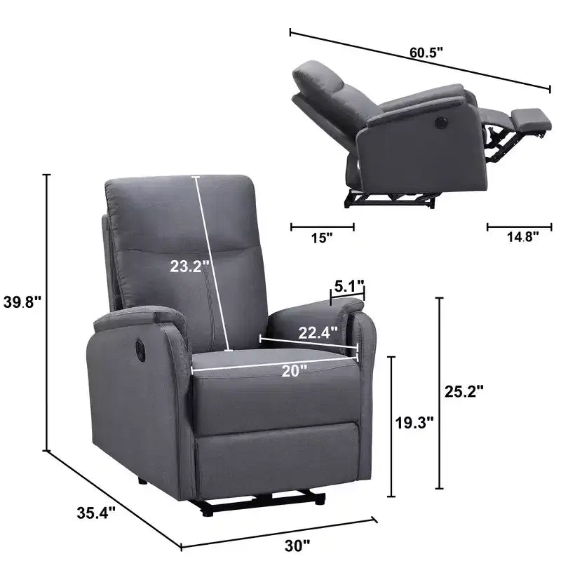 Fauteuil inclinable électrique Whisen avec ports USB, facile à nettoyer, peu encombrant et appuie-tête intégré